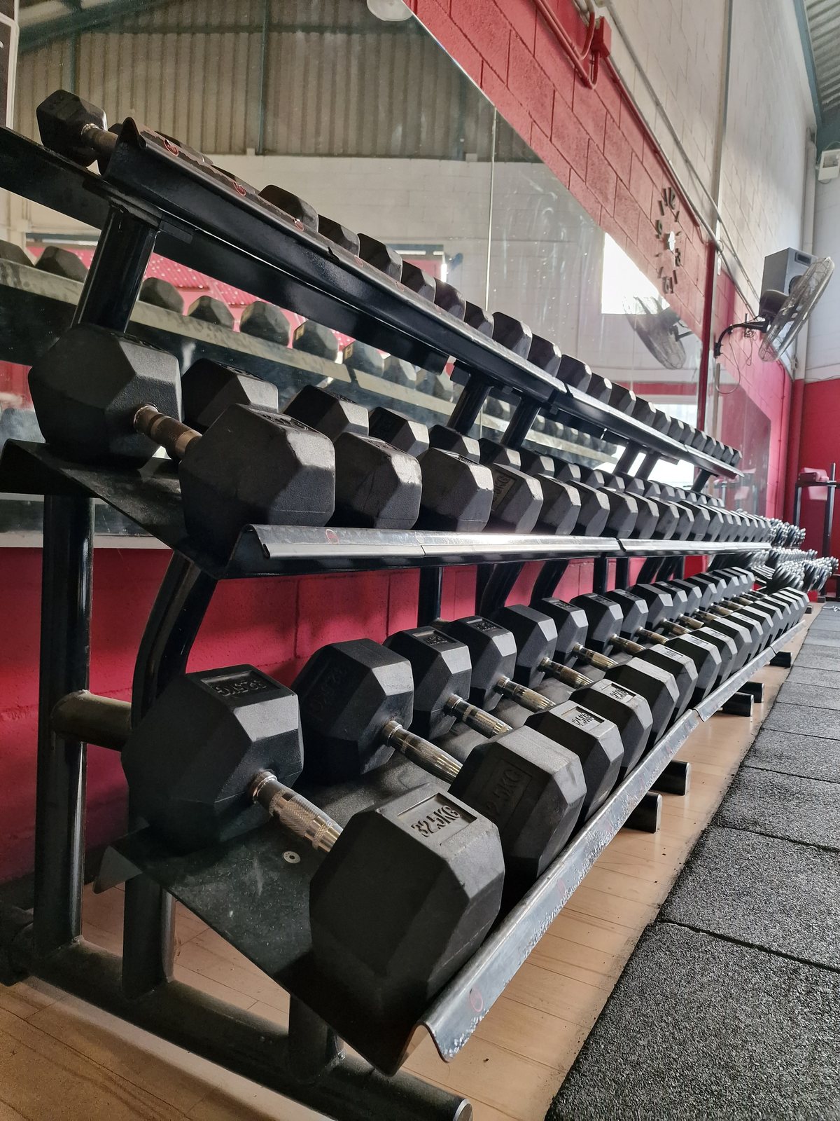 Un estante largo con mancuernas hexagonales de peso libre en el gimnasio Olimpo NGR Gym.